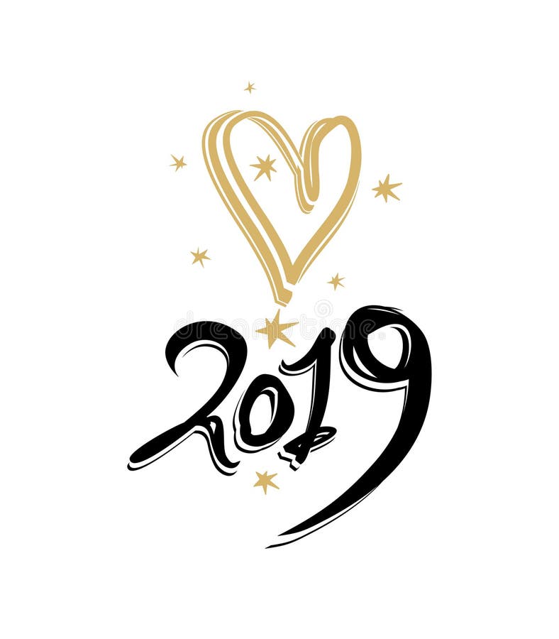 Het met de hand geschreven gouden hart en de sterren van 2019 voor het Nieuwjaarontwerp royalty-vrije illustratie Het met de hand geschreven gouden hart en de sterren van 2019 voor het Nieuwjaarontwerp royalty-vrije illustratie