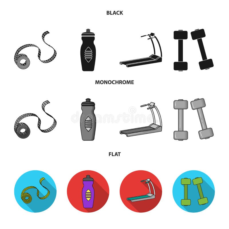 Het meten van band, waterfles, tredmolen, domoren Pictogrammen van de Fitnes de vastgestelde inzameling in zwarte, vlakke, zwart- royalty-vrije illustratie Het meten van band, waterfles, tredmolen, domoren Pictogrammen van de Fitnes de vastgestelde inzameling in zwarte, vlakke, zwart- royalty-vrije illustratie