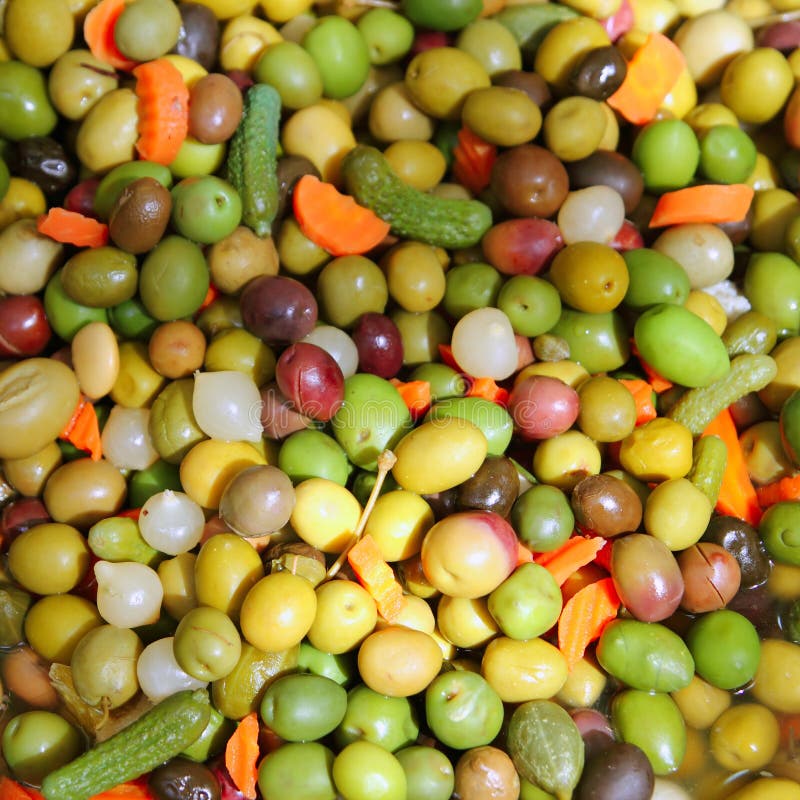 Het Middellandse-Zeegebied van het de textuurvoedsel van olijven en van groenten in het zuur