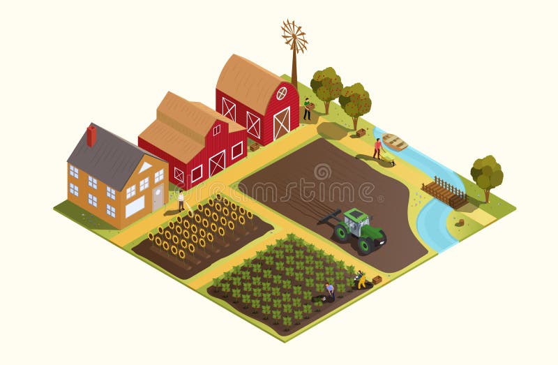Het model van de beeldverhaalschaal van een landbouwbedrijf met tractor, boomgaard en schuren met een landbouwer die op een gebie vector illustratie Het model van de beeldverhaalschaal van een landbouwbedrijf met tractor, boomgaard en schuren met een landbouwer die op een gebie vector illustratie