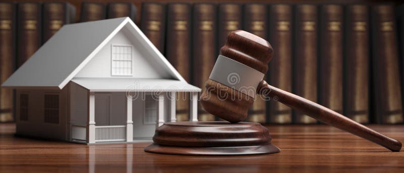 Het model van het huis en de veiling van de rechter op een houten bureau, de achtergrond van de wetboeken 3d illustratie vector illustratie Het model van het huis en de veiling van de rechter op een houten bureau, de achtergrond van de wetboeken 3d illustratie vector illustratie