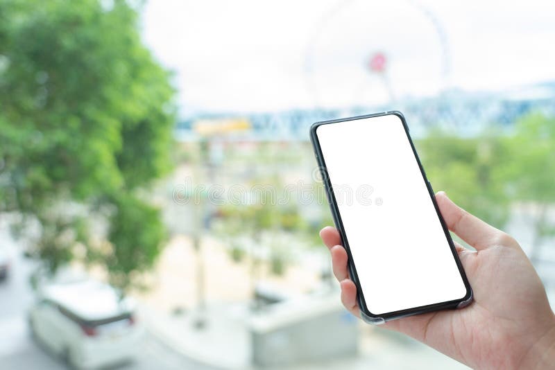 Het modelbeeld die van Vrouwenhand mobiele smartphones houden isoleerde het witte scherm voor modelontwerp en anderen app vertoni stock afbeeldingen Het modelbeeld die van Vrouwenhand mobiele smartphones houden isoleerde het witte scherm voor modelontwerp en anderen app vertoni stock afbeeldingen