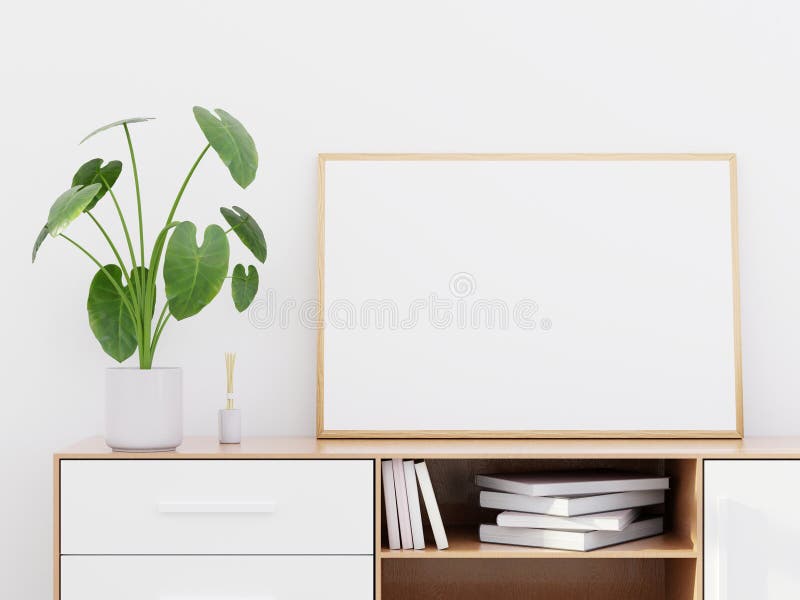 Het moderne woonkamerbinnenland met een houten opmaker en een horizontaal 3D affichemodel, geeft terug
