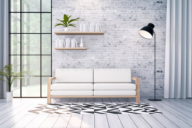 Het moderne zolder binnenlandse ontwerp, de witte bank en de zwarte lamp op 3d bakstenen muur, geven terug royalty-vrije illustratie Het moderne zolder binnenlandse ontwerp, de witte bank en de zwarte lamp op 3d bakstenen muur, geven terug royalty-vrije illustratie