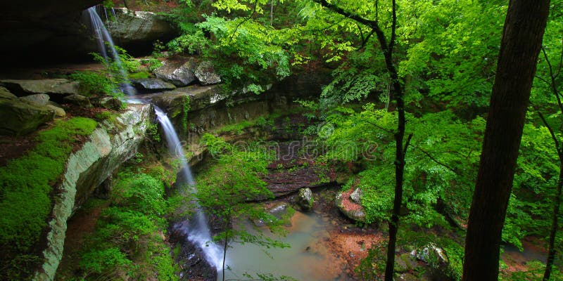 Beautiful waterfall flows into a deep canyon in the woodland of northern Alabama. Beautiful waterfall flows into a deep canyon in the woodland of northern Alabama.