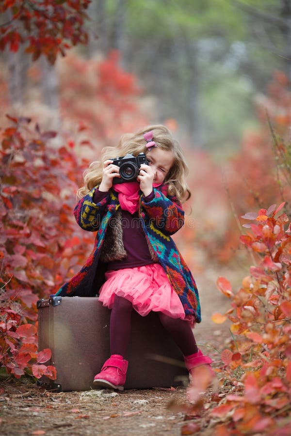 Het mooie meisje reist met een oude koffer en een camera in het de herfstbos stock foto's Het mooie meisje reist met een oude koffer en een camera in het de herfstbos stock foto's