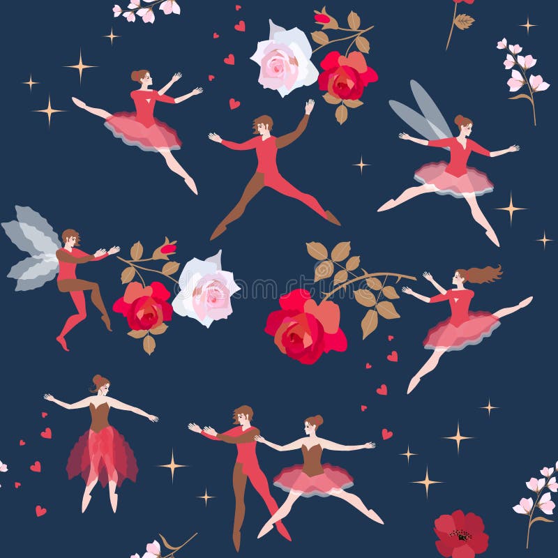 Het mooie naadloze patroon met magische dansers en nam bloemen in sterrige hemel toe Abstracte fantasieachtergronden met magisch stock illustratie Het mooie naadloze patroon met magische dansers en nam bloemen in sterrige hemel toe Abstracte fantasieachtergronden met magisch stock illustratie