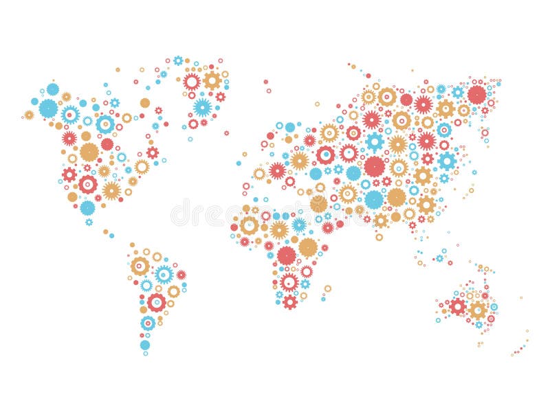 Het mozaïek van de wereldkaart van radertjewielen vector illustratie Het mozaïek van de wereldkaart van radertjewielen vector illustratie