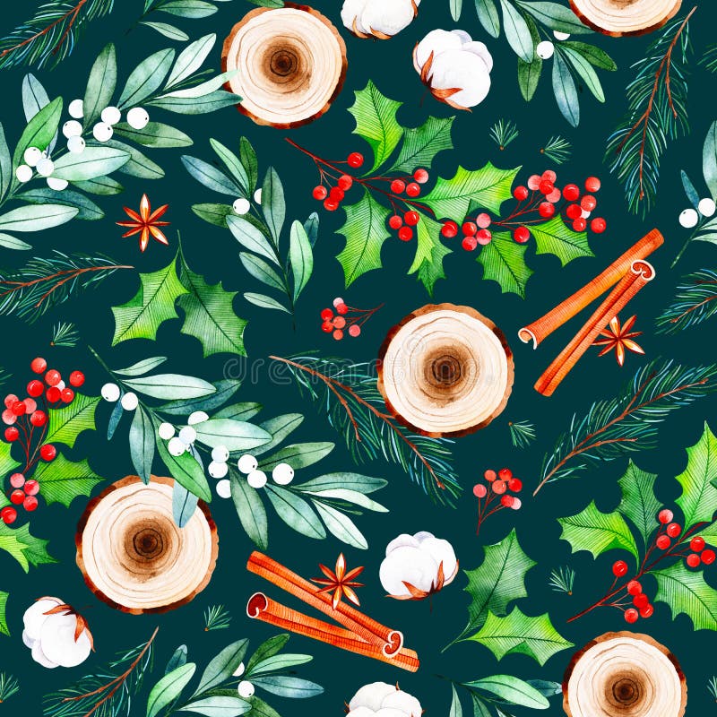 Het naadloze Kerstmispatroon met bloemen, houten plakken, bladeren, takken, katoen bloeit stock illustratie Het naadloze Kerstmispatroon met bloemen, houten plakken, bladeren, takken, katoen bloeit stock illustratie