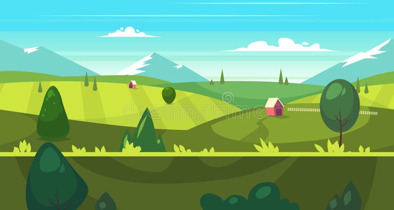 Het naadloze landschap van de beeldverhaalaard met huizen stock illustratie Het naadloze landschap van de beeldverhaalaard met huizen stock illustratie