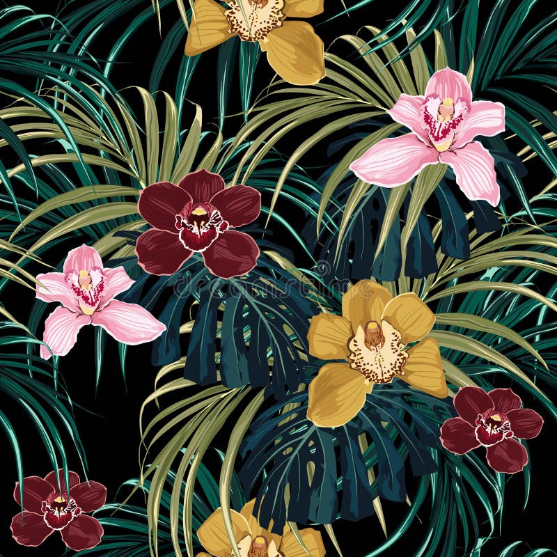 Het naadloze patroon, de roze gele de orchideebloem van Bourgondië en het groene exotische palmmonster gaan weg royalty-vrije illustratie Het naadloze patroon, de roze gele de orchideebloem van Bourgondië en het groene exotische palmmonster gaan weg royalty-vrije illustratie