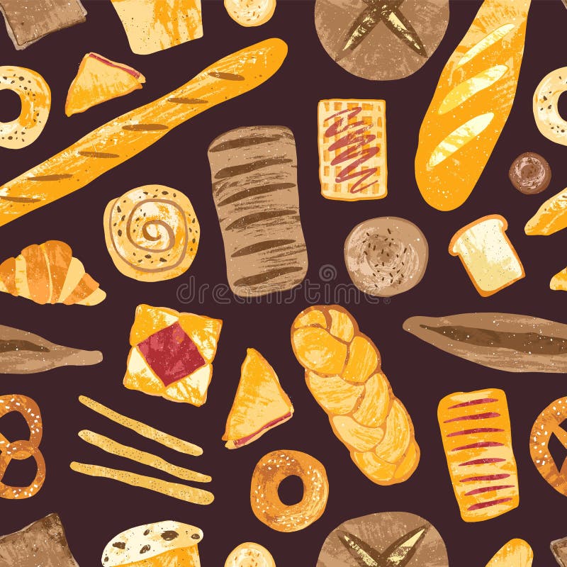 Het naadloze patroon met heerlijke broden, zoet gebakje, bakte producten of bakkerswaren van diverse types op donkere achtergrond stock illustratie Het naadloze patroon met heerlijke broden, zoet gebakje, bakte producten of bakkerswaren van diverse types op donkere achtergrond stock illustratie