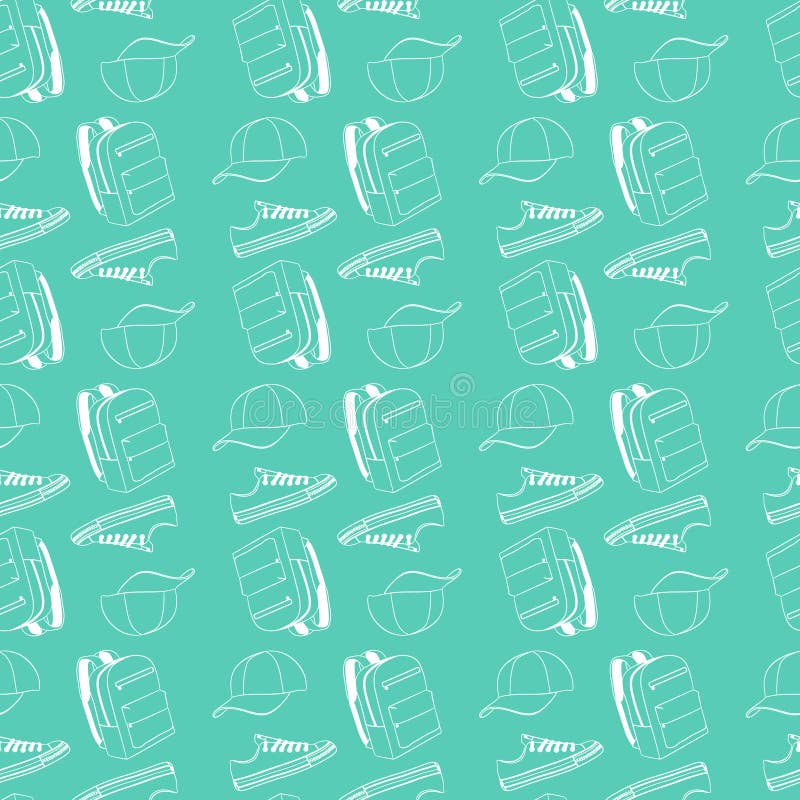 Het naadloze patroon op de sporten als thema heeft met honkbal GLB, tennisschoenen, rugzak royalty-vrije illustratie Het naadloze patroon op de sporten als thema heeft met honkbal GLB, tennisschoenen, rugzak royalty-vrije illustratie