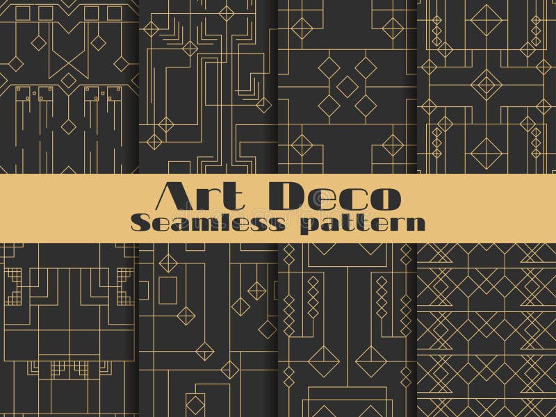 Art deco seamless pattern. Set retro backgrounds, gold and black color. Style 1920`s, 1930`s. Lines and geometric shapes. Vector illustration. Art deco seamless pattern. Set retro backgrounds, gold and black color. Style 1920`s, 1930`s. Lines and geometric shapes. Vector illustration