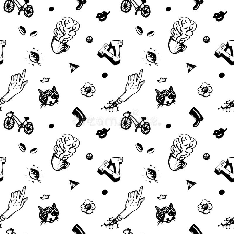 Het naadloze patroon van de Hipsterinkt Met verschillende dingen en mensenhoofden Uitstekende en retro stijl stock illustratie Het naadloze patroon van de Hipsterinkt Met verschillende dingen en mensenhoofden Uitstekende en retro stijl stock illustratie