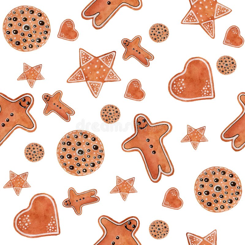 Het naadloze patroon van de Kerstmiswaterverf met de mens van peperkoekkoekjes, ster, hart, een cirkel stock illustratie Het naadloze patroon van de Kerstmiswaterverf met de mens van peperkoekkoekjes, ster, hart, een cirkel stock illustratie