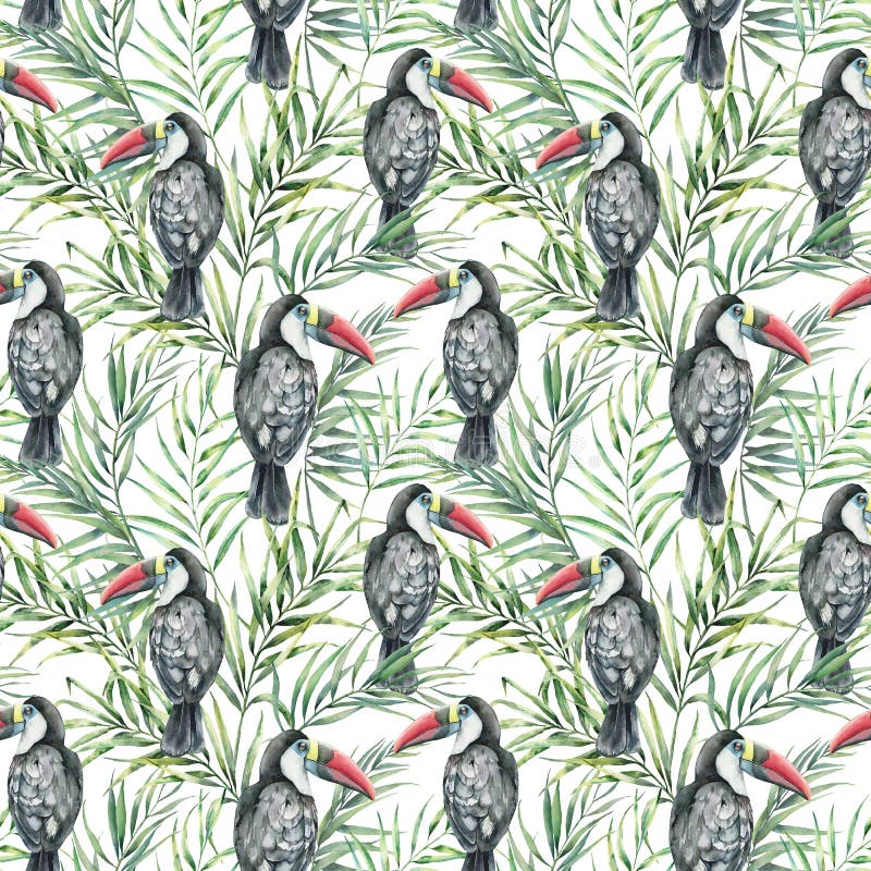 Het naadloze patroon van de waterverftoekan Hand geschilderde illustratie met tropische die vogel en palmbladen op wit worden geï royalty-vrije illustratie Het naadloze patroon van de waterverftoekan Hand geschilderde illustratie met tropische die vogel en palmbladen op wit worden geï royalty-vrije illustratie