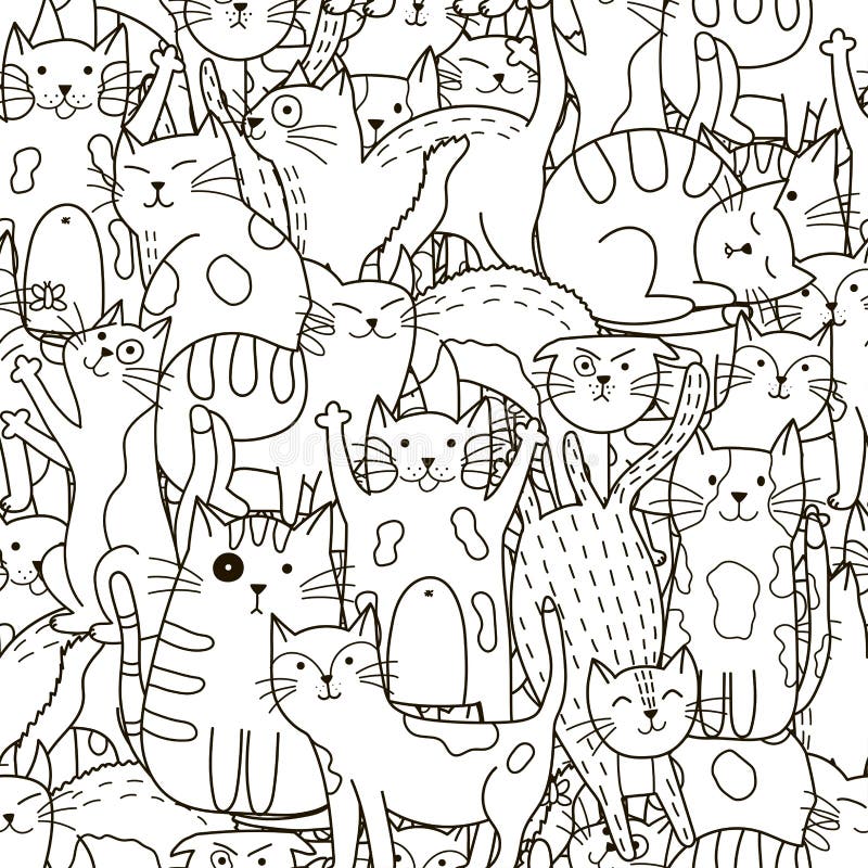 Het naadloze patroon van krabbelkatten Zwart-witte leuke kattenachtergrond