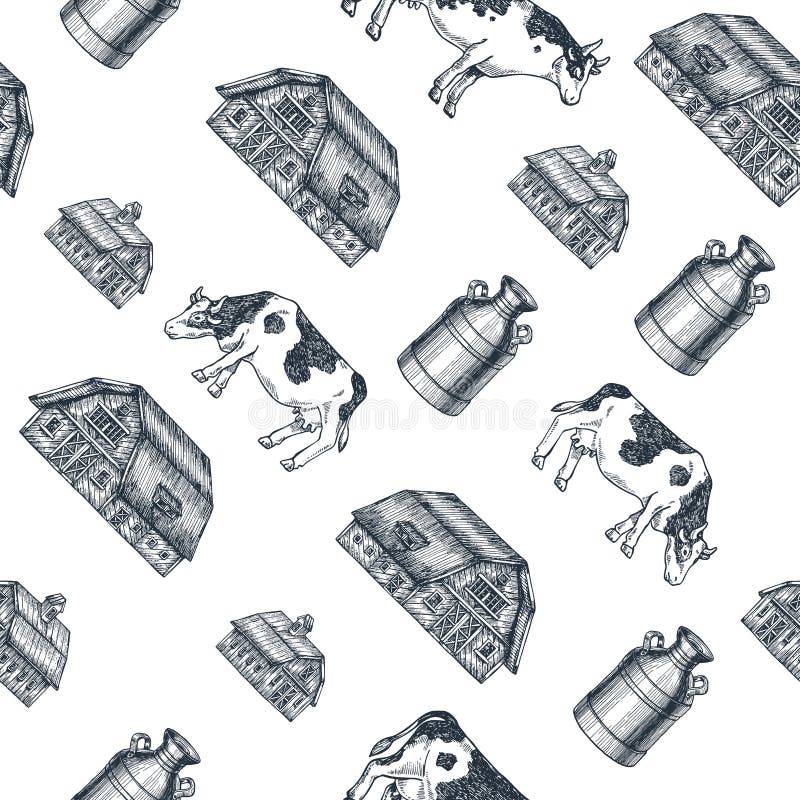 Het naadloze patroon van het melklandbouwbedrijf De koe, landbouwbedrijf, melk kan gegraveerde illustratie Uitstekende landbouw e stock illustratie Het naadloze patroon van het melklandbouwbedrijf De koe, landbouwbedrijf, melk kan gegraveerde illustratie Uitstekende landbouw e stock illustratie