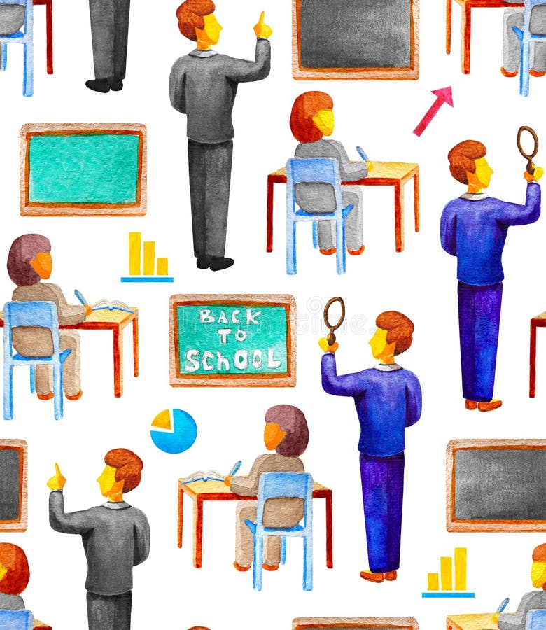 Het naadloze schoolpatroon met de leraar toont op het bord en de student die bij het bureau schrijven Waterverf, witte achtergron vector illustratie Het naadloze schoolpatroon met de leraar toont op het bord en de student die bij het bureau schrijven Waterverf, witte achtergron vector illustratie