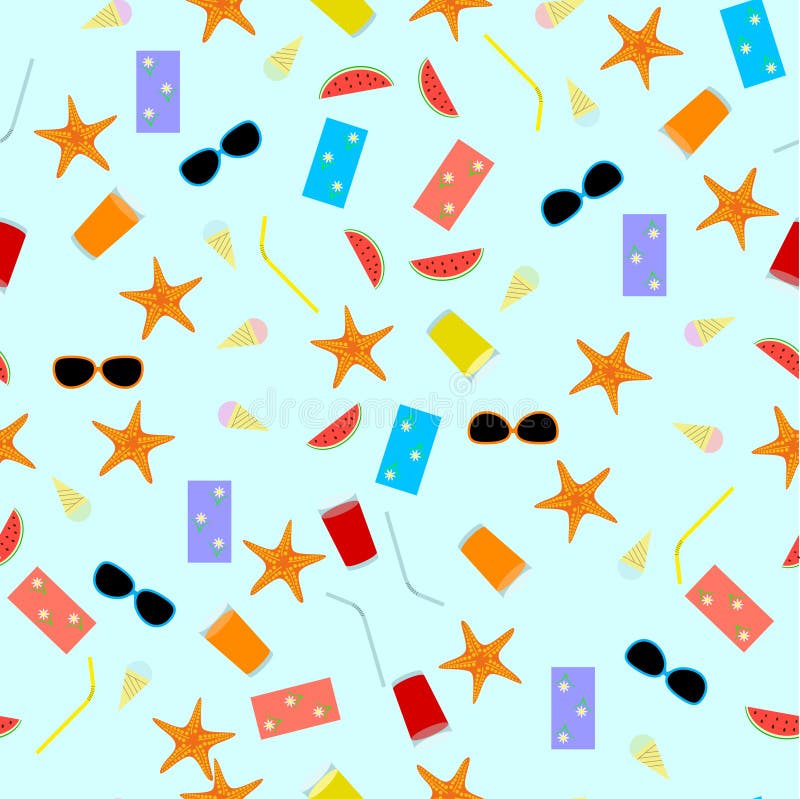 Het naadloze thema van de patroonzomer met dranken, voedsel, zeester, handdoek, zonnebril en watermeloen stock illustratie Het naadloze thema van de patroonzomer met dranken, voedsel, zeester, handdoek, zonnebril en watermeloen stock illustratie