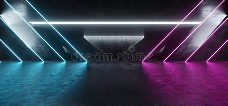 Triangle Laser Fluorescent Retro Sci Fi Futuristic Neon Glowing Purple Blue Cyber Luminous Vibrant Lights In Dark Empty Stage Show Underground Garage Room Hall Tunnel Corridor Grunge Concrete 3D Rendering Illustration. Triangle Laser Fluorescent Retro Sci Fi Futuristic Neon Glowing Purple Blue Cyber Luminous Vibrant Lights In Dark Empty Stage Show Underground Garage Room Hall Tunnel Corridor Grunge Concrete 3D Rendering Illustration.