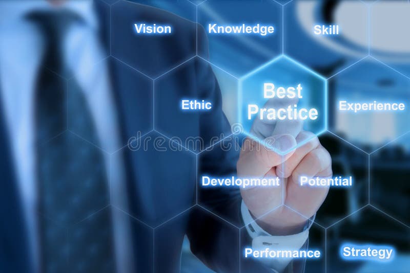 Businessman touching a field in a hexagon grid with key factors of best practices. Businessman touching a field in a hexagon grid with key factors of best practices