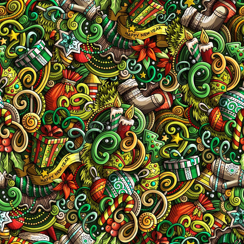 Het Nieuwjaar naadloos patroon van beeldverhaal leuk krabbels vector illustratie Het Nieuwjaar naadloos patroon van beeldverhaal leuk krabbels vector illustratie