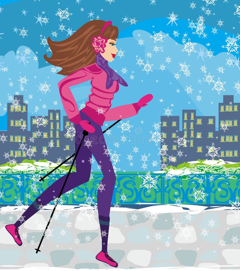 Het noordse lopen - actieve vrouw die in de winter uitoefenen stock illustratie Het noordse lopen - actieve vrouw die in de winter uitoefenen stock illustratie