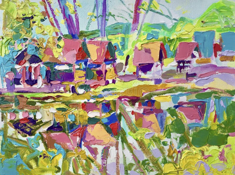 Het olieverfschilderij van de Pleinlucht van landelijk landschap stock illustratie Het olieverfschilderij van de Pleinlucht van landelijk landschap stock illustratie