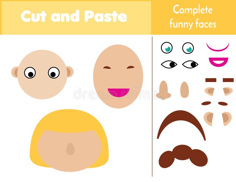 Het onderwijsspel van cut-and-pastekinderen Document scherpe activiteit Volledige grappige gezichten met lijm en schaar Stickerss