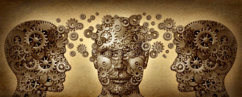 Teaching and learning education concept with three human heads in a front and side view made of gears and cogs working together in partnership for career advancement and business success on a grunge old parchment texture. Teaching and learning education concept with three human heads in a front and side view made of gears and cogs working together in partnership for career advancement and business success on a grunge old parchment texture.