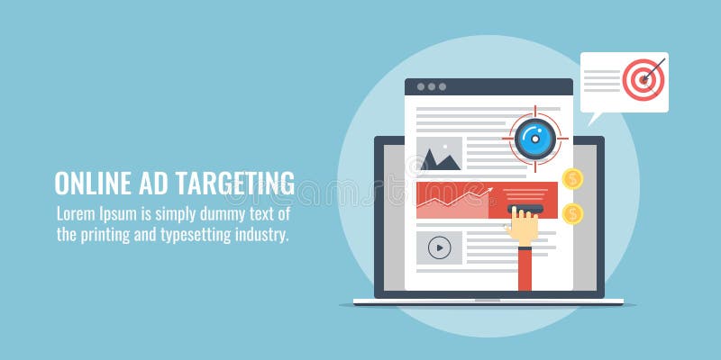 Online ad targeting, new customer targeting via paid media display advertisement concept. Flat design illustration. Online ad targeting, new customer targeting via paid media display advertisement concept. Flat design illustration.