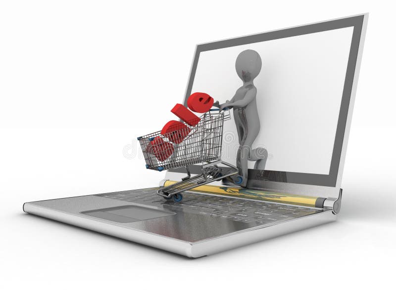 Het online winkelen van de mens en laptop stock illustratie Het online winkelen van de mens en laptop stock illustratie