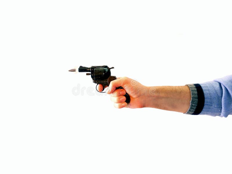 Male hand with gun shooting: visible gullet, isolated on white. Male hand with gun shooting: visible gullet, isolated on white