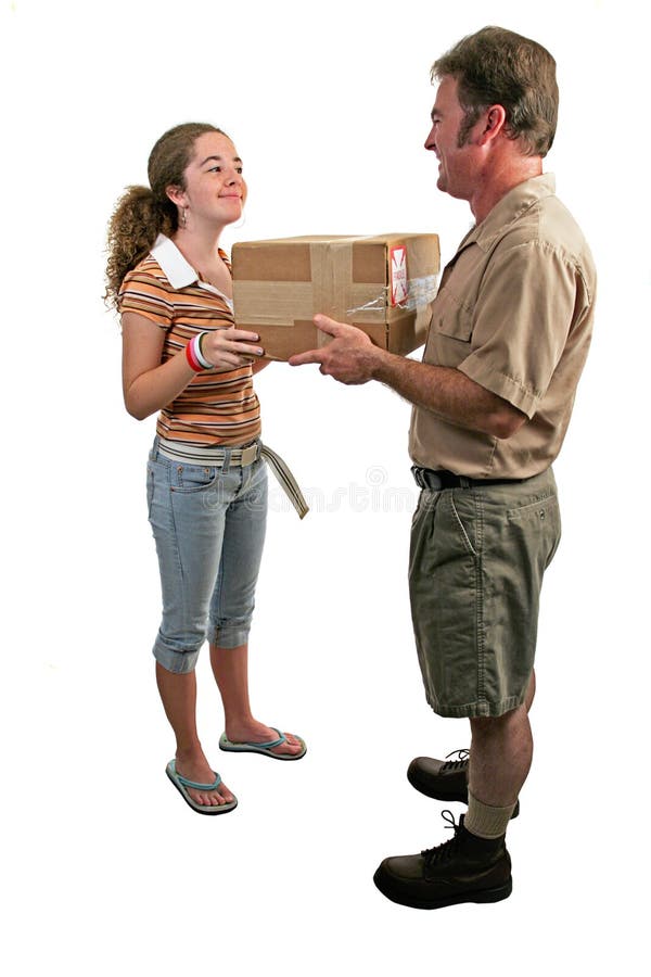 A girl taking delivery of a package from a courier. A girl taking delivery of a package from a courier