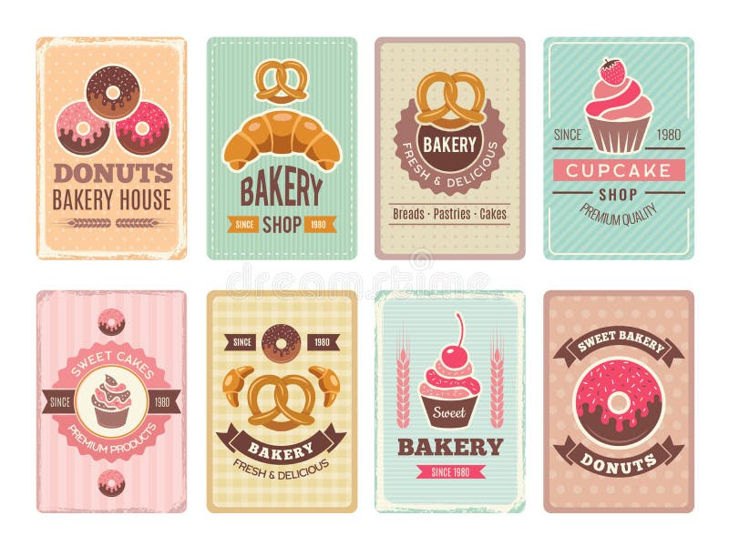 Het ontwerp van bakkerijkaarten Vers zoet voedsel cupcakes donuts en andere illustraties van bakselproducten voor uitstekend vect stock illustratie Het ontwerp van bakkerijkaarten Vers zoet voedsel cupcakes donuts en andere illustraties van bakselproducten voor uitstekend vect stock illustratie