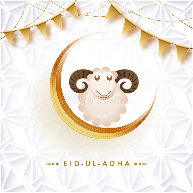 Het ontwerp van de groetkaart, Schapen op toenemende maan met gouden bunting stock illustratie Het ontwerp van de groetkaart, Schapen op toenemende maan met gouden bunting stock illustratie