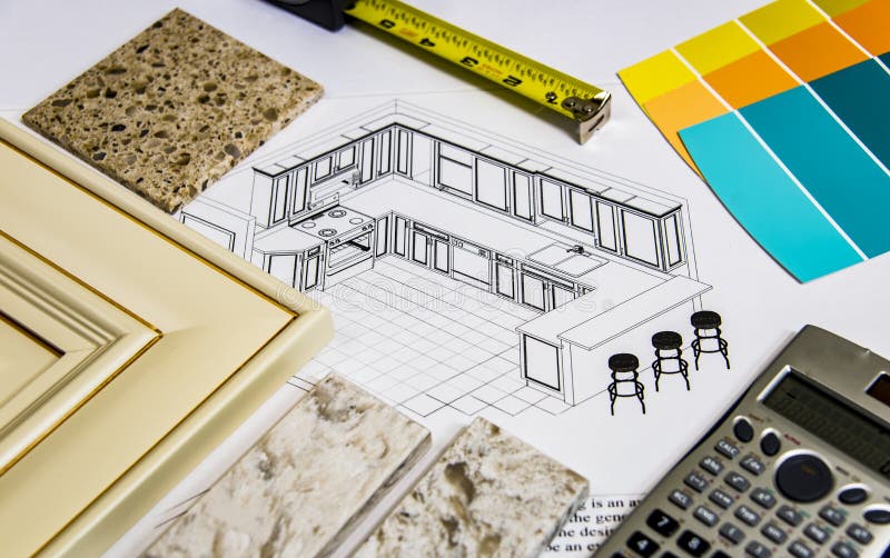 Het ontwerp van de keukenvernieuwing met het remodelleren van selectie van keukendeuren, countertops en kleurenverf Het ontwerp van de keukenvernieuwing met het remodelleren van selectie van keukendeuren, countertops en kleurenverf