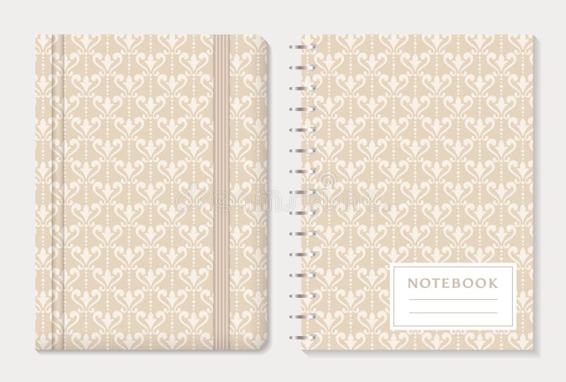 Notebook cover design. Notepad with elastic band and spiral notebook with beige damask patterns. Vintage style collection. Vector set. Notebook cover design. Notepad with elastic band and spiral notebook with beige damask patterns. Vintage style collection. Vector set.