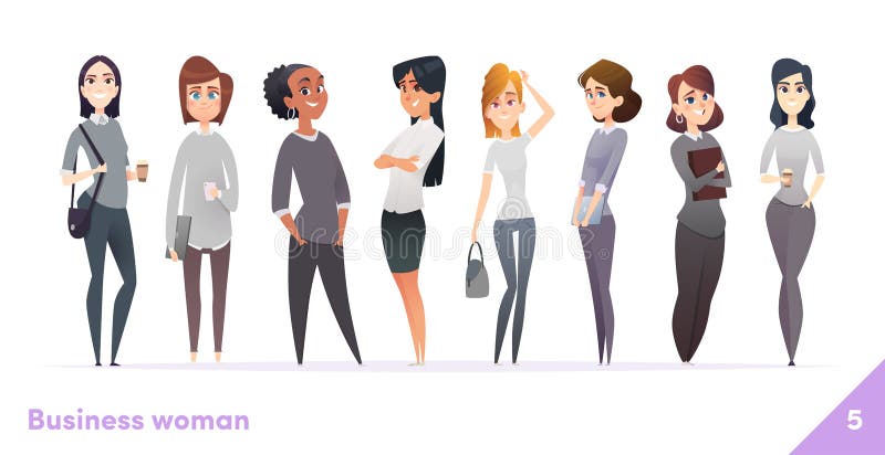 Business women character design collection. Modern cartoon flat style. Females stand together. Young professional females poses. Business women character design collection. Modern cartoon flat style. Females stand together. Young professional females poses