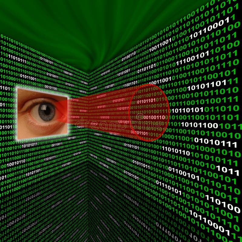 Spyware eye scanning green and white binary code wall with red sightline. Spyware eye scanning green and white binary code wall with red sightline