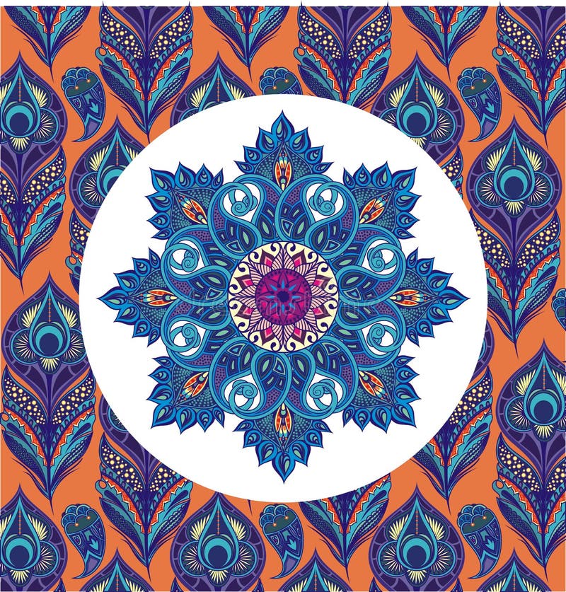 Het oosterse ronde bloemenpatroon van Paisley met pauwveren vector illustratie Het oosterse ronde bloemenpatroon van Paisley met pauwveren vector illustratie