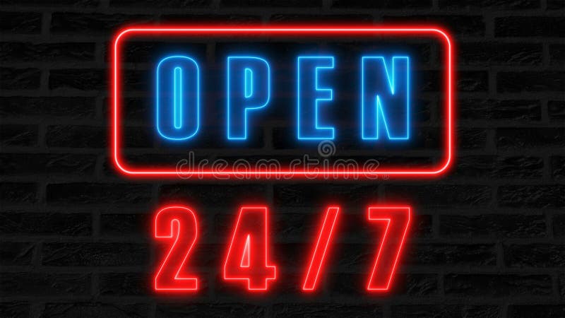 Het open 24-7 neonteken, retro stijluithangbord voor bar of 3d club, geven computer geproduceerde achtergrond terug stock illustratie Het open 24-7 neonteken, retro stijluithangbord voor bar of 3d club, geven computer geproduceerde achtergrond terug stock illustratie