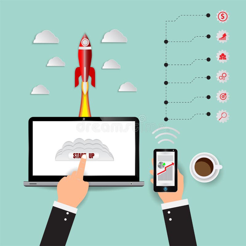 Het Opstarten van de raketlancering, Marketing digitale Infographics en technologie voor bedrijfsconcept, vectorillustratie royalty-vrije illustratie Het Opstarten van de raketlancering, Marketing digitale Infographics en technologie voor bedrijfsconcept, vectorillustratie royalty-vrije illustratie