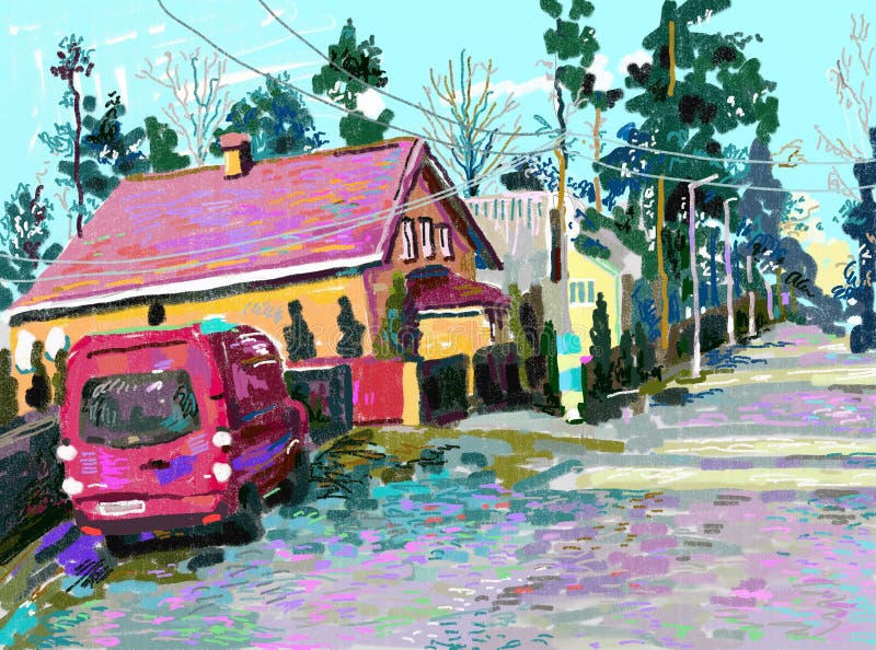 Het originele digitale schilderen van landelijk dorpslandschap vector illustratie Het originele digitale schilderen van landelijk dorpslandschap vector illustratie