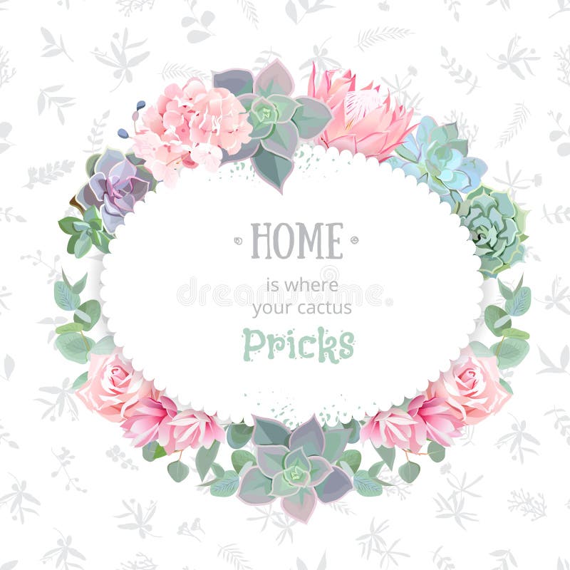 Het ovale kader van het succulents vectorontwerp Echeveria, protea, eucaliptus, nam, hydrangea hortensia toe stock illustratie Het ovale kader van het succulents vectorontwerp Echeveria, protea, eucaliptus, nam, hydrangea hortensia toe stock illustratie
