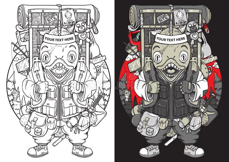 Het overzicht van de samoeraienjapan van piranhavissen backpacker en kleurende illustratie vector illustratie Het overzicht van de samoeraienjapan van piranhavissen backpacker en kleurende illustratie vector illustratie