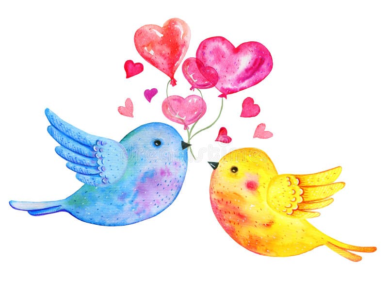 Het paar die van liefdevogels met hartballons vliegen Hand getrokken waterverfillustratie voor St Valentine dag royalty-vrije illustratie Het paar die van liefdevogels met hartballons vliegen Hand getrokken waterverfillustratie voor St Valentine dag royalty-vrije illustratie
