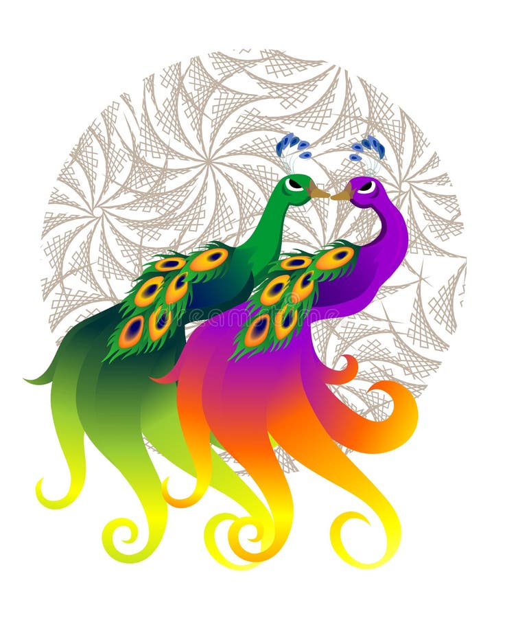 illustration of a magical cartoon peacock couple. illustration of a magical cartoon peacock couple